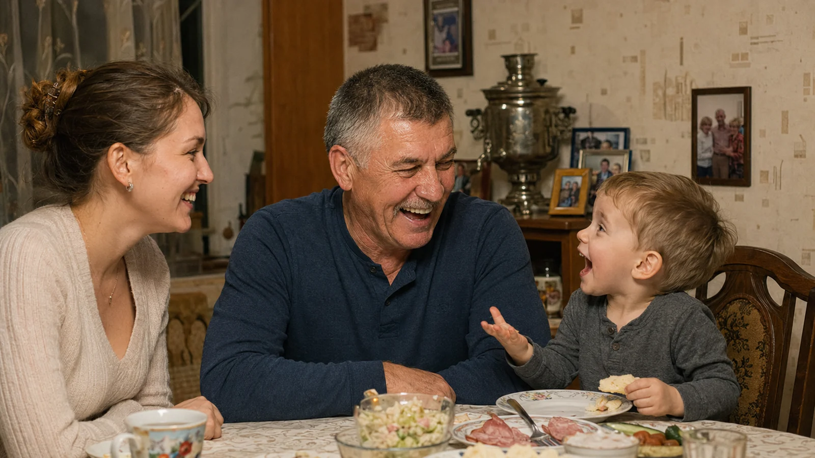Виктор дома с дочерью и внуком за столом, смеётся